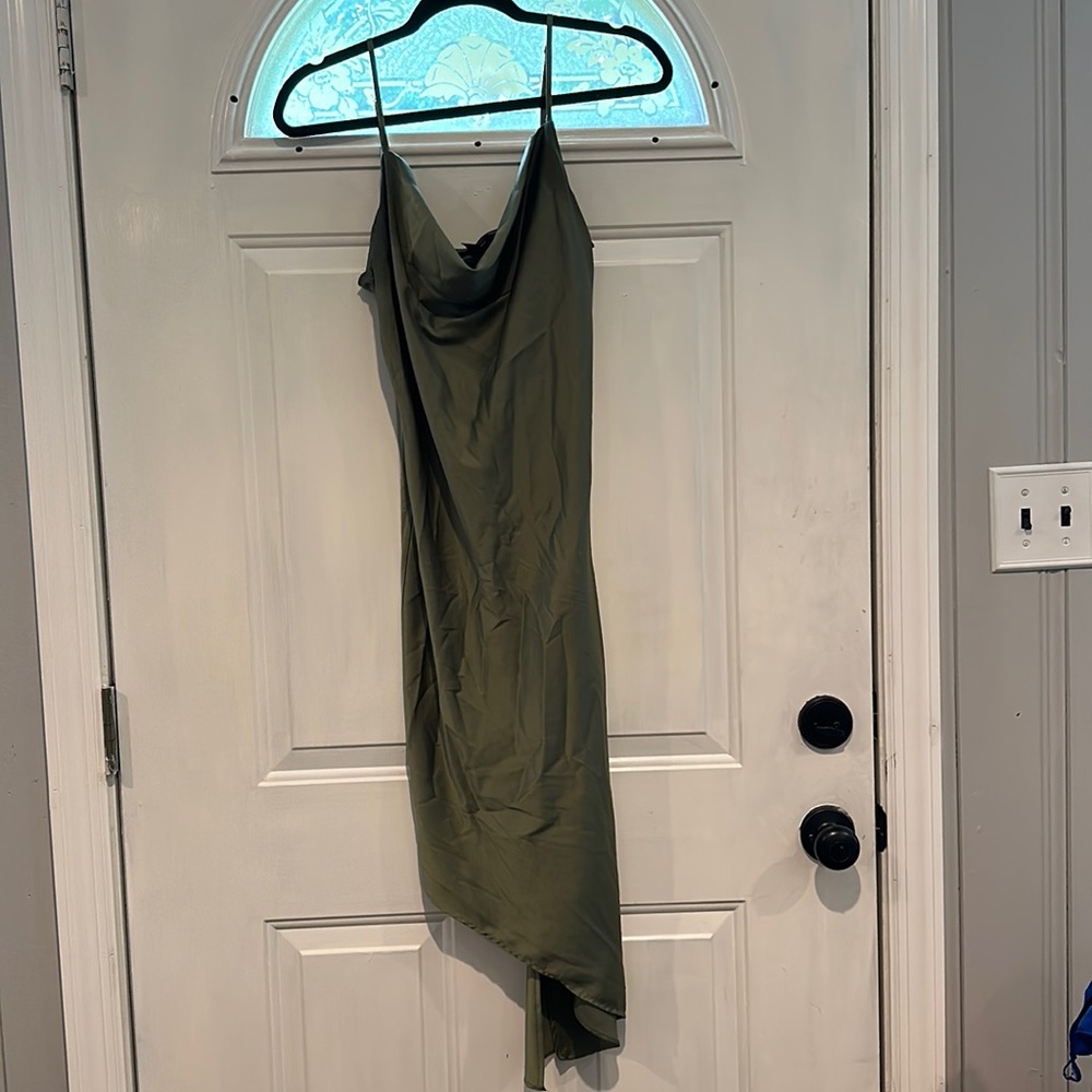Forever 21 asymmetrical scoop neck green satin dress